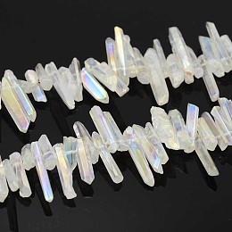 Honeyhandy Natural Electroplated Quartz Crystal Beads Strands, Nuggets, AB Color Plated, Size: about 5~10mm wide, 15~40mm long, 4~8mm thick, hole: 1mm, 15 inch