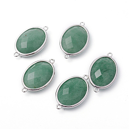 Honeyhandy Platinum Tone Brass Green Aventurine Links connectors, Faceted, Oval, 26.5x15x6mm, Hole: 1~2mm