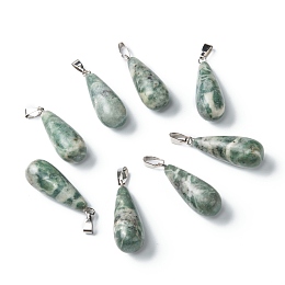 Honeyhandy Natural Qinghai Jade Pendants, with Platinum Brass Findings, Teardrop, 26.5~29x10mm, Hole: 2.5~3.5x4~6mm