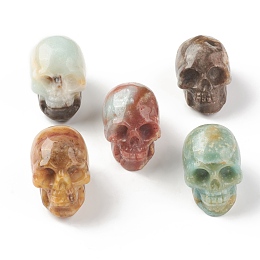 Halloween Natural Flower Amazonite Home Decorations, Skull Figurine Display Decoration, 38x24x25~28mm