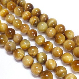 Honeyhandy Natural Tiger Eye Beads Strands, Dyed, Round, Goldenrod, 8mm, Hole: 1mm, about 48pcs/strand, 15.75 inch