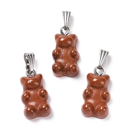 Honeyhandy Natural Red Jasper Pendants, with Stainless Steel Color Tone 201 Stainless Steel Findings, Bear, 27.5mm, Hole: 2.5x7.5mm, Bear: 21x11x6.5mm