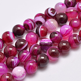 Honeyhandy Natural Striped Agate/Banded Agate Bead Strands, Dyed & Heated, Round, Grade A, Deep Pink, 10mm, Hole: 1mm, about 39pcs/strand, 15.2 inch(387mm)