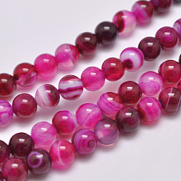 Honeyhandy Natural Striped Agate/Banded Agate Bead Strands, Dyed & Heated, Round, Grade A, Deep Pink, 6mm, Hole: 1mm, about 63pcs/strand, 14.7 inch(375mm)