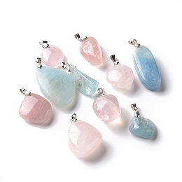 Natural Aquamarine & Rose Quartz Pendants, with Platinum Tone Brass Findings, Nuggets, 31~56x15.5~31.5x10~21mm, Hole: 5.2x3.9mm