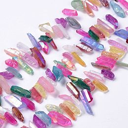 Electroplated Natural Quartz Crystal Beads Strands, Nuggets, Colorful, 18~45x8~15x5~8mm, Hole: 1mm, about 48~50pcs/strand, 14.57''(37cm)