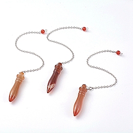 Honeyhandy Natural Carnelian/Red Agate Pointed Dowsing Pendulums, with Brass Cable Chains, Bullet, 238~255mm, Hole: 2.5mm, Pendants: 53x12mm