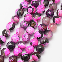 Honeyhandy Natural Fire Crackle Agate Bead Strands, Round, Grade A, Faceted, Dyed & Heated, Deep Pink, 10mm, Hole: 1mm, about 37pcs/strand, 15 inch