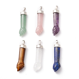 Honeyhandy Natural Gemstone Pendants, with Platinum Tone Brass Findings, Figa Hand Shapes, 43~48x12x8.6mm, Hole: 8x4.6mm