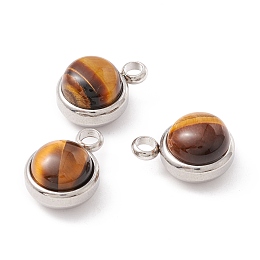 Honeyhandy Natural Tiger Eye Charms, with 304 Stainless Steel Findings, Half Round, Stainless Steel Color, 13.5x10x7.5mm, Hole: 2.5mm