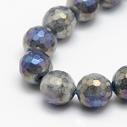 Electroplate Natural Labradorite Beads Strands, Round, Faceted, 6mm, Hole: 1mm; about 63pcs/strand, 15.5 inches