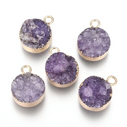 Honeyhandy Natural Druzy Agate Pendants, with Real 18K Gold Plated Brass Finding, Long-Lasting Plated, Flat Round, Dyed, Purple, 18~20x14x5~10mm, Hole: 2~3mm