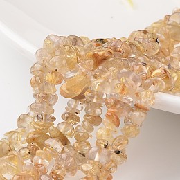 Honeyhandy Chip Natural Gold Rutilated Quartz Bead Strands, Grade A+, 7~12x5~8x2~5mm, Hole: 1mm, about 15.7 inch