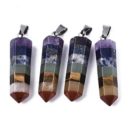 Honeyhandy Assembled Natural Topaz Jade & Red Jasper & Red Agate & Lapis Lazuli & Quartz Crystal & Green Aventurine & Amethyst Pointed Pendants, with Stainless Steel Bails, Bullet, Colorful, 35x10x9mm, Hole: 7x4mm