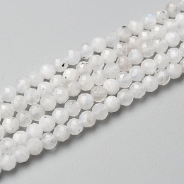Honeyhandy Natural Rainbow Moonstone Beads Strands, Round, Faceted, 3mm, Hole: 0.6mm, about 140pcs/strand, 15.55 inch(39.5cm)