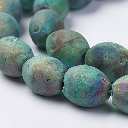 Honeyhandy Electroplated Natural Druzy Geode Agate Bead Strands, Drum, Green Plated, 11.5~12x10mm, Hole: 1mm, about 16pcs/strand, 7.67 inch