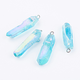 Honeyhandy Electroplated Natural Quartz Pendants, with Brass Findings, Bullets, Pointed Pendants, Platinum, Cyan, 43~50x11~13mm, Hole: 3mm