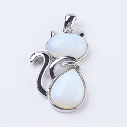 Honeyhandy Opalite Kitten Pendants, with Brass Findings, Cat Silhouette Shape, Platinum, 45x27x8mm, Hole: 5x7mm