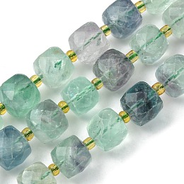 Honeyhandy Natural Fluorite Beads Strands, with Seed Beads, Faceted Cube, 8~9x8~9x8~9mm, Hole: 0.9~1mm, about 35~39pcs/strand, 14.80''~15.16''(37.6~38.5cm)