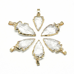 Honeyhandy Natural Quartz Crystal Pendants, with Brass Findings, Golden, 25~50x15~25x5~15mm, Hole: 7x4mm