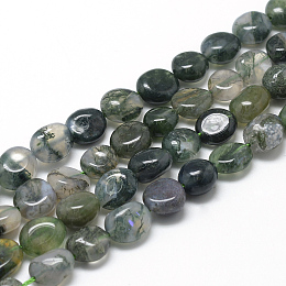 Honeyhandy Natural Moss Agate Beads Strands, Oval, 8~15x7~12x4~12mm, Hole: 1mm, about 30~45pcs/strand, 15.7 inch