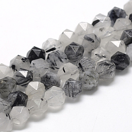 Honeyhandy Natural Black Rutilated Quartz Beads Strands, Star Cut Round Beads, Faceted, 8~10x7~8mm, Hole: 1mm, about 48pcs/strand, 15.3 inch