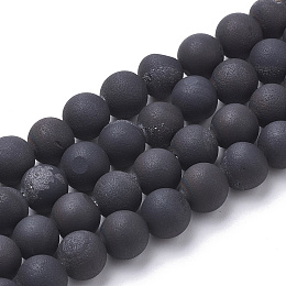 Honeyhandy Electroplate Natural Druzy Geode Weathered Agate Beads Strands, Frosted, Dyed, Round, Black Plated, 6~6.5mm, Hole: 1.5mm, about 65pcs/strand, 15.5 inch