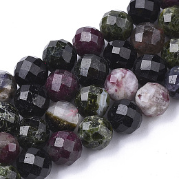 Honeyhandy Natural Tourmaline Beads Strands, Faceted, Round, 4~4.5x4mm, Hole: 1mm, about 49pcs/strand, 7.48 inch