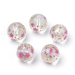 Honeyhandy Printed Glass Beads, Round with Flower Pattern, Clear, 11~12x11mm, Hole: 1.5mm