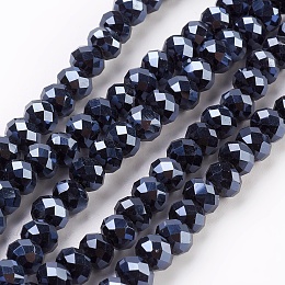 Honeyhandy Electroplate Glass Beads Strands, Full Plated, Faceted, Rondelle, Prussian Blue, 6x4.5mm, Hole: 0.8mm, about 88~92pcs/strand, 15.5 inch