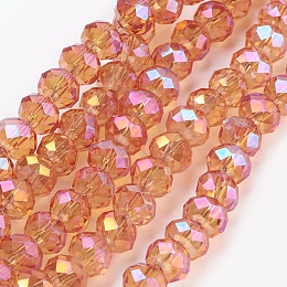 Honeyhandy Electroplate Glass Beads Strands, Full Rainbow Plated, Faceted, Rondelle, Dark Orange, 6x4~5mm, Hole: 0.8~1mm, about 88~92pcs/strand, 15.5 inch~16 inch(39~45cm)