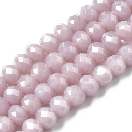 Honeyhandy Opaque Solid Color Glass Beads Strands, Imitation Jade Beads, Faceted, Rondelle, Misty Rose, 6x5mm, Hole: 1mm, about 86~88pcs/strand, 16.14~16.54 inch(41~42cm)