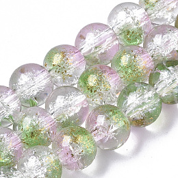 Honeyhandy Transparent Spray Painted Crackle Glass Bead Strands, with Golden Foil, Round, Spring Green, 8~9mm, Hole: 1.2~1.5mm, about 46~56pcs/Strand, 14.37 inch~16.3 inch(36.5~41.4cm)