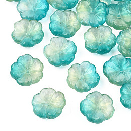 Honeyhandy Transparent Spray Painted Glass Beads, with Glitter Powder, Two Tone, Flower, Dark Turquoise, 15x15x6mm, Hole: 1.2mm