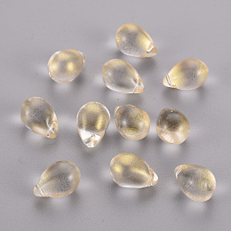 Honeyhandy Transparent Spray Painted Glass Charms, with Glitter Powder, Teardrop, Light Yellow, 14x10x9.5mm, Hole: 1mm