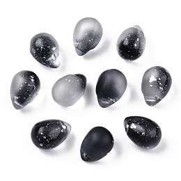 Honeyhandy Two Tone Spray Painted Glass Charms, with Silver Foil, Frosted, Teardrop, Black, 14x10x9.5mm, Hole: 1mm