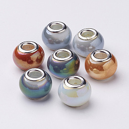 Honeyhandy Electroplate Imitation Jade Glass  European Beads, with Silver Color Plated Brass Double Core, Full Rainbow Plated, Large Hole Rondelle Beads, Mixed Color, 14~15x11mm, Hole: 4.5~5mm