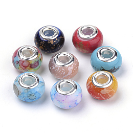 Honeyhandy Spray Painted Glass European Beads, Large Hole Beads, with Silver Color Plated Brass Cores, Rondelle, Mixed Color, 14.5~15x10mm, Hole: 5mm