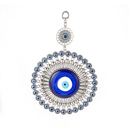 Honeyhandy Tibetan Style Alloy Pendant Decorations, with Handmade Lampwork & Resin Evil Eye Cabochons, Flower, Antique Silver, 225mm, Hole: 14x10mm