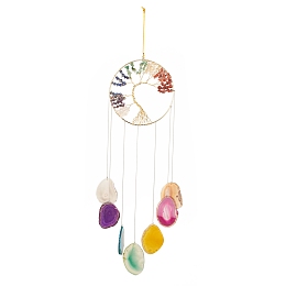 Honeyhandy Chakra Flat Round with Tree of Life Wire Wrapped Wind Chimes, with Chips Natural Gemstone Beads and Natural Agate Pendants, 635mm