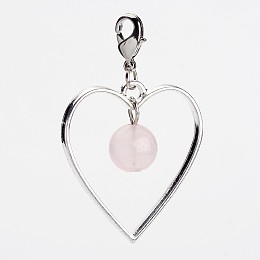 Honeyhandy Natural Rose Quartz Dangle Pendants, with Alloy Heart, Brass Lobster Claw Clasp, 48x30mm