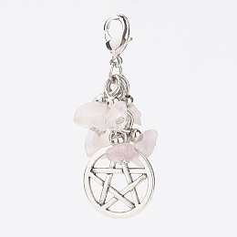 Honeyhandy Natural Rose Quartz Chips Pendants, with Flat Round with Pentagram Pendants and Brass Lobster Claw Clasps, 46x17x8mm