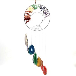 Honeyhandy Metal Big Pendant Decorations, with Agate Slices & Chakra Theme Gemstone Chip Beads, Flat Round with Tree of Life, Platinum, 80cm