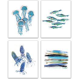 CREATCABIN 4pcs Funny Watercolor Ocean Life Art Print Set Sea Marine Life Print Canvas Wall Art Poster Jellyfish Octopus Hairtail for Nursery Bedroom Bathroom Home Decor 8 x 10inch Unframed