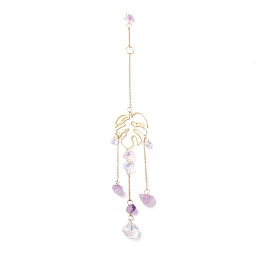 Honeyhandy Hanging Crystal Aurora Wind Chimes, with Prismatic Pendant, Leaf-shaped Iron Link and Natural Amethyst, for Home Window Lighting Decoration, Golden, 315mm