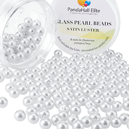 PandaHall Elite 8mm White Glass Pearls Tiny Satin Luster Round Loose Pearl Beads for Jewelry Making, about 200pcs/box