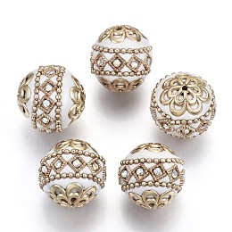 Honeyhandy Handmade Indonesia Beads, with Metal Findings, Round, Light Gold, White, 19.5x19mm, Hole: 1mm