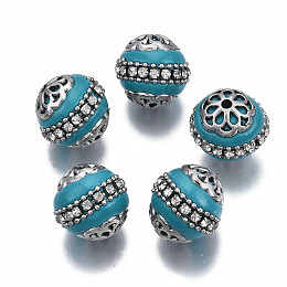 Honeyhandy Handmade Indonesia Beads, with Rhinestone and Brass Findings, Round, Platinum, Dark Turquoise, 16~17.5x16~16.5mm, Hole: 1.6mm