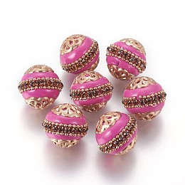 Honeyhandy Handmade Indonesia Beads, with Alloy Findings, Round, Light Gold, Hot Pink, 16~17x16~16.5mm, Hole: 1.8mm