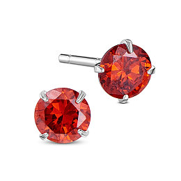 SHEGRACE 925 Sterling Silver Four Pronged Ear Studs, with AAA Cubic Zirconia and Ear Nuts, Orange Red, 4mm